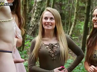 CFNM dominas jerk off and suck sub in forest group domination