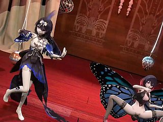 2 low-spirited meiden dansen + seks met microbe (3D HENTAI)